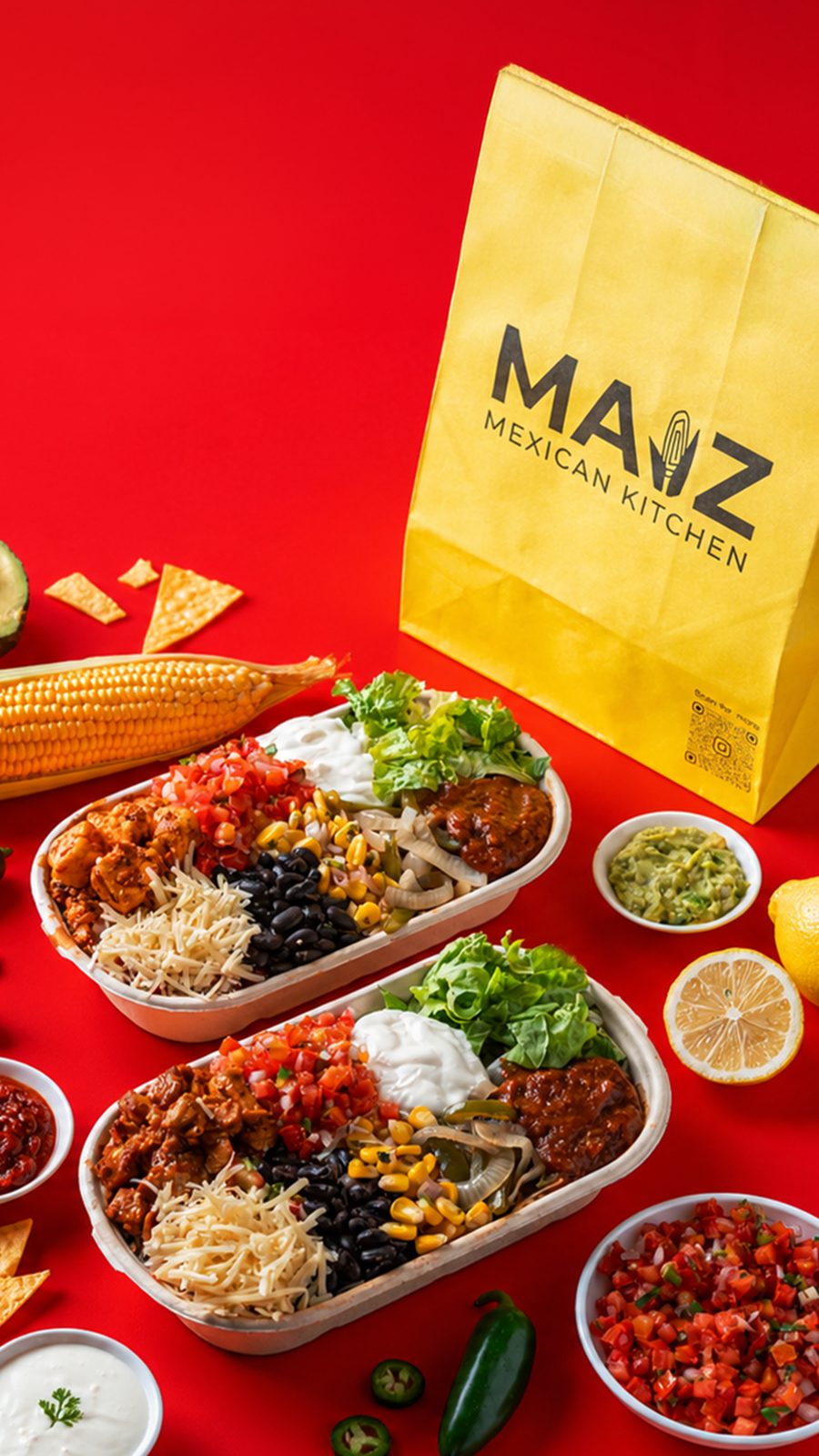 Maiz Mexican Kitchen takeaway bag and burrito bowls